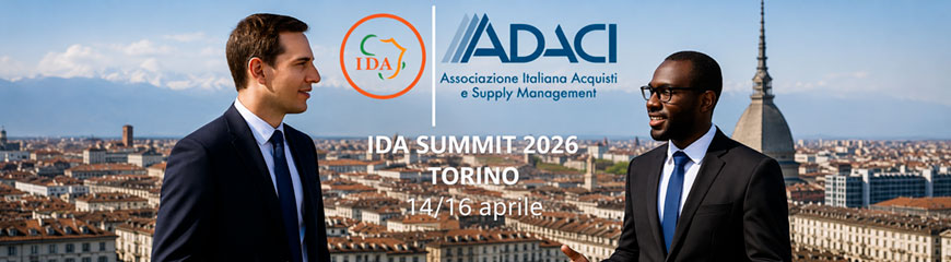 Locandina dell'IDA Summit 2026, Torino, 14–16 aprile, con i loghi di IDA e ADACI — Associazione Italiana Acquisti e Supply Management.